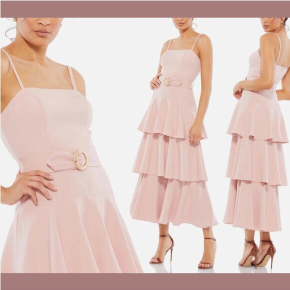 NWD IEENA Mac Duggal [ 8 ] Belted Tiered Ruffle Sleeveless Midi Dress Rose #Q692